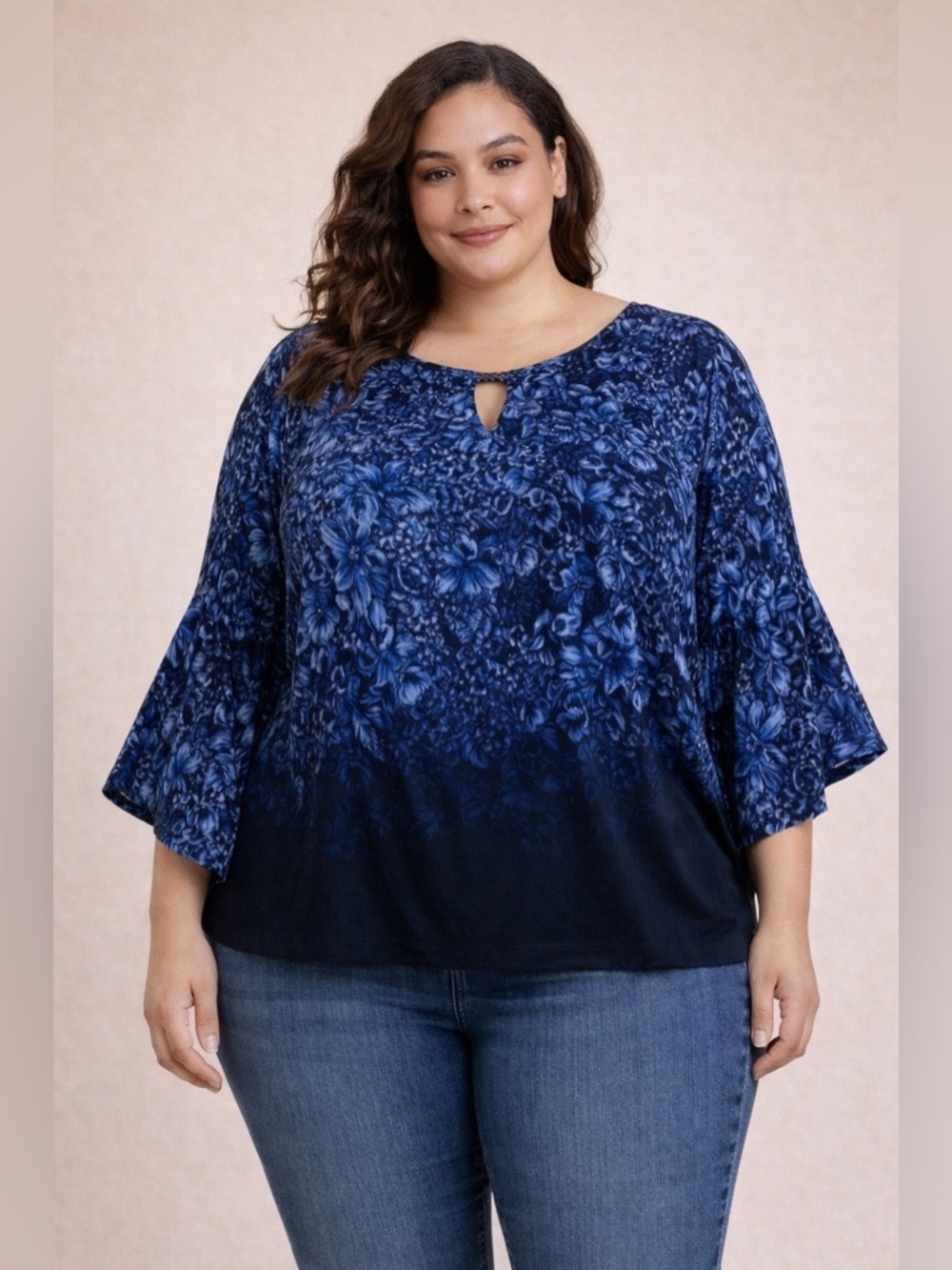 Lifestyle Attitudes Blue Ombré Rose Bell Sleeve Top